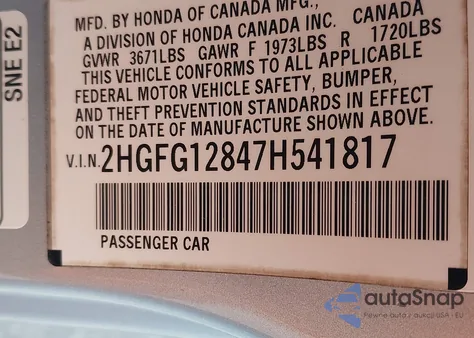 2007 Honda Civic Ex z USA, uszkodzony, nr VIN 2HGFG12847H541817